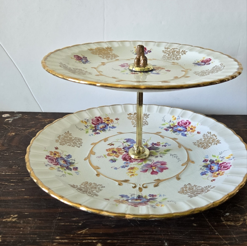 Avon Woods & Sons Floral Two-Tier Ironstone Serving Tray Vintage